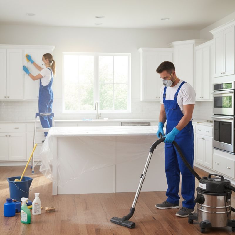 Two people in blue coveralls cleaning a white kitchen; one on a ladder wiping cabinets, the other vacuuming the floor.