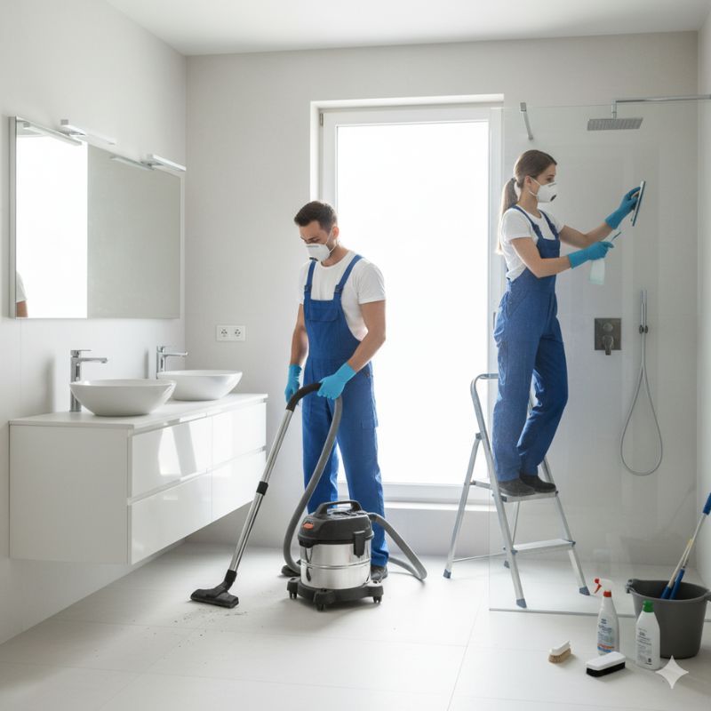 Two people in blue coveralls cleaning a modern white bathroom. One vacuums, the other cleans the shower.