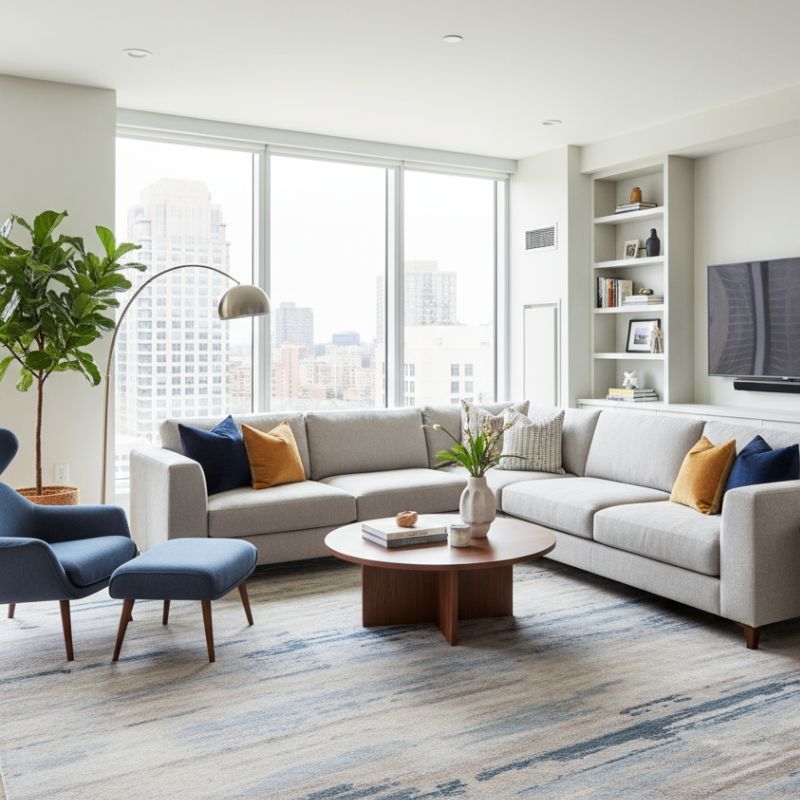 Modern living room with sectional sofa, armchair, coffee table, and city view.