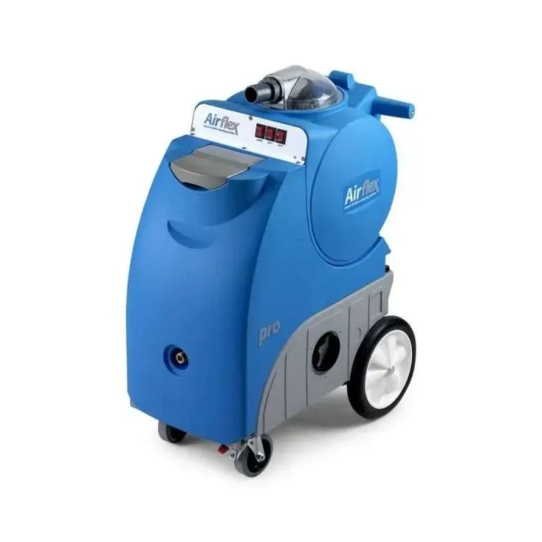A blue airflex machine with wheels on a white background