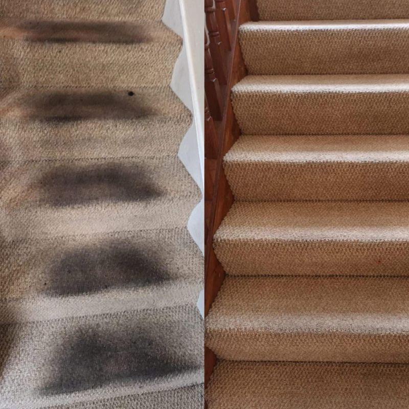 A before and after picture of a carpeted staircase