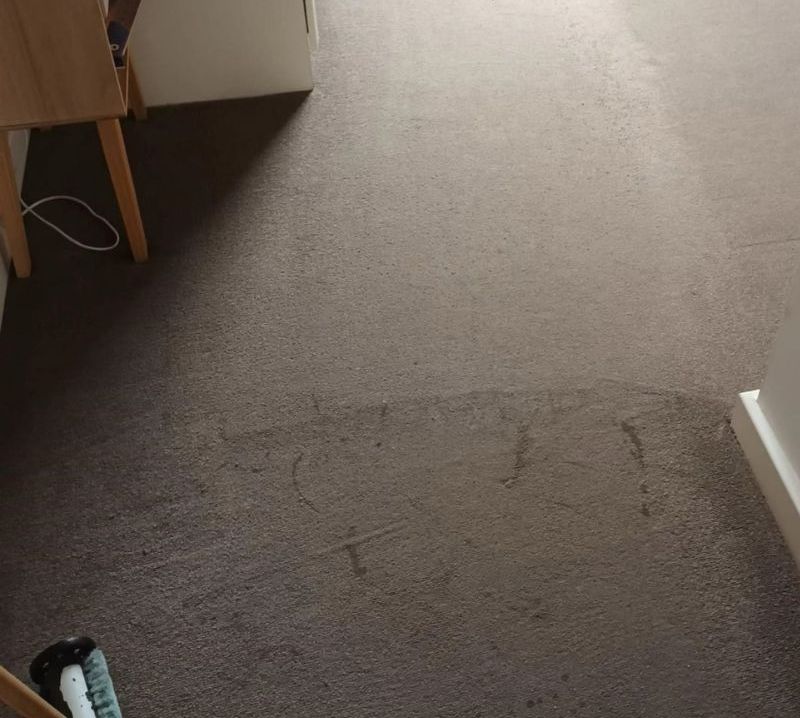 A brown carpeted floor in a room with a desk and chair.