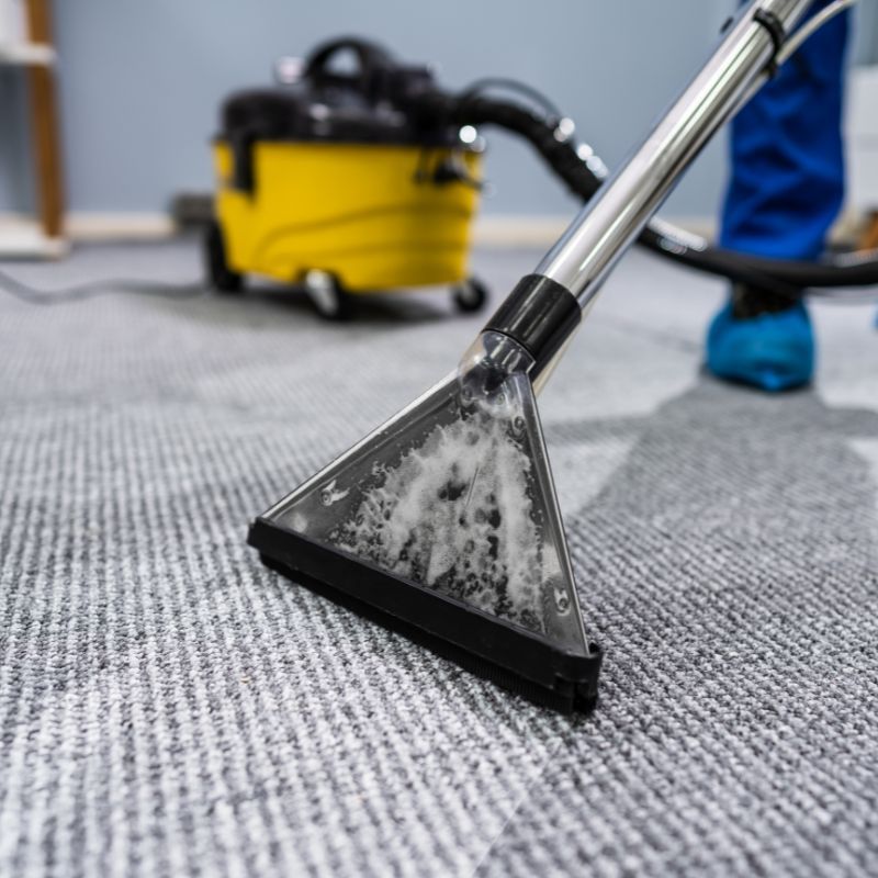 A person is cleaning a carpet with a vacuum cleaner.