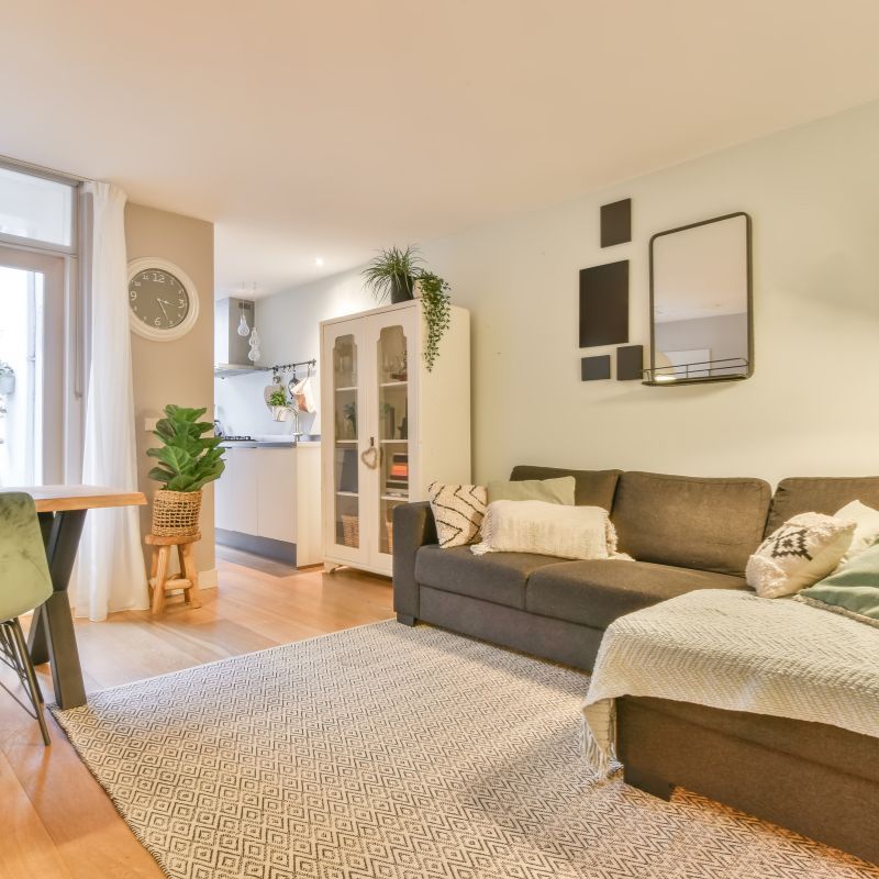 Living room with brown sofa, rug, table, cabinet, and kitchen in the background.