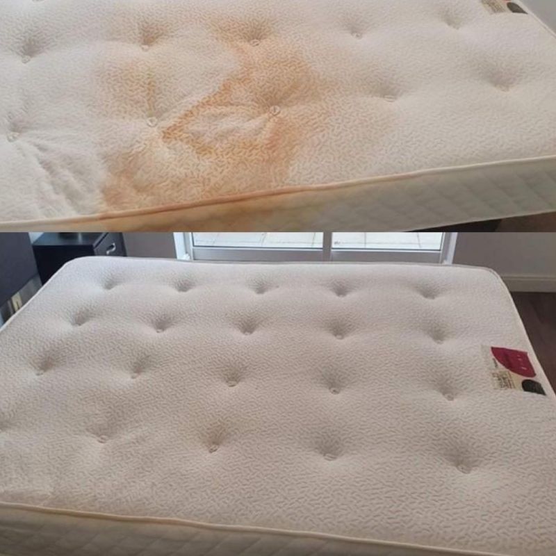 Two pictures of a mattress before and after being cleaned