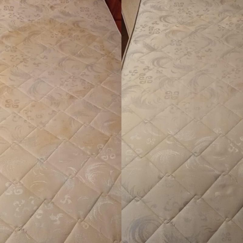 A before and after picture of a mattress being cleaned.