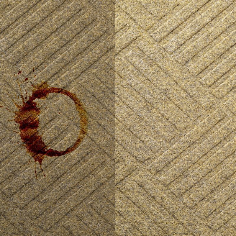 A coffee stain on a carpet next to a clean carpet.