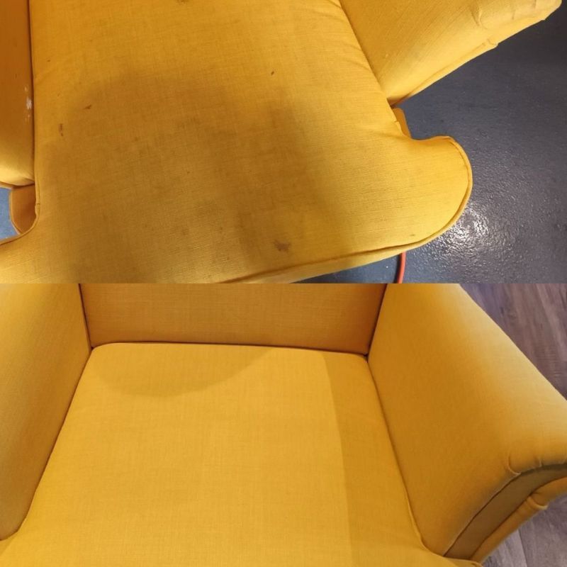 A before and after picture of a yellow chair