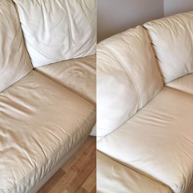 A before and after photo of a white leather couch