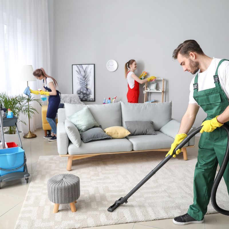 A man is cleaning a living room with a vacuum cleaner.