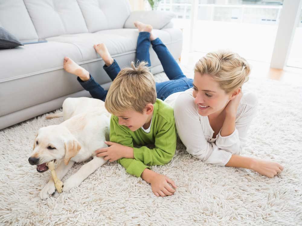 A woman and a boy are laying on the floor with a dog.