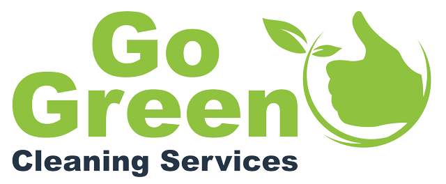 A logo for go green cleaning services with an apple and leaves.