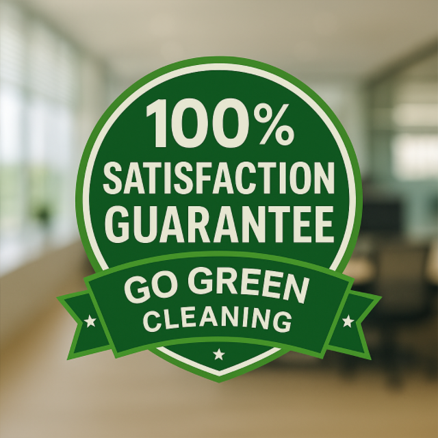 A sticker that says 100 % satisfaction guarantee go green cleaning