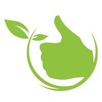 Green thumbs-up symbol with leaves, inside a circular border, suggesting approval and eco-friendliness.