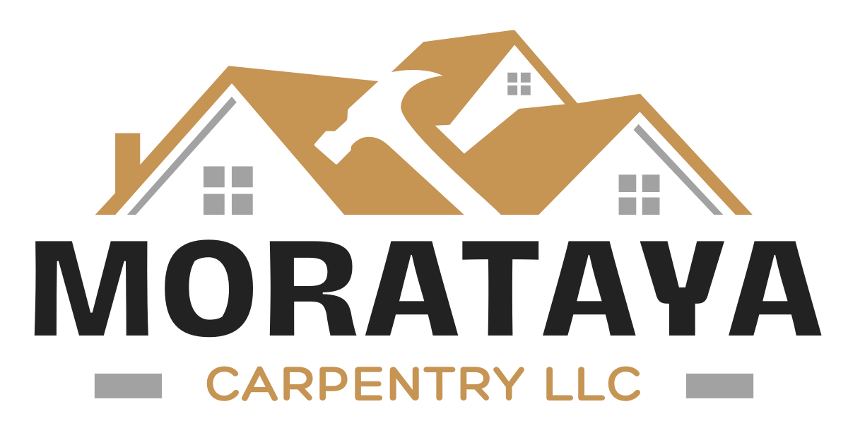 A logo for morataya carpentery llc with a house on the roof.