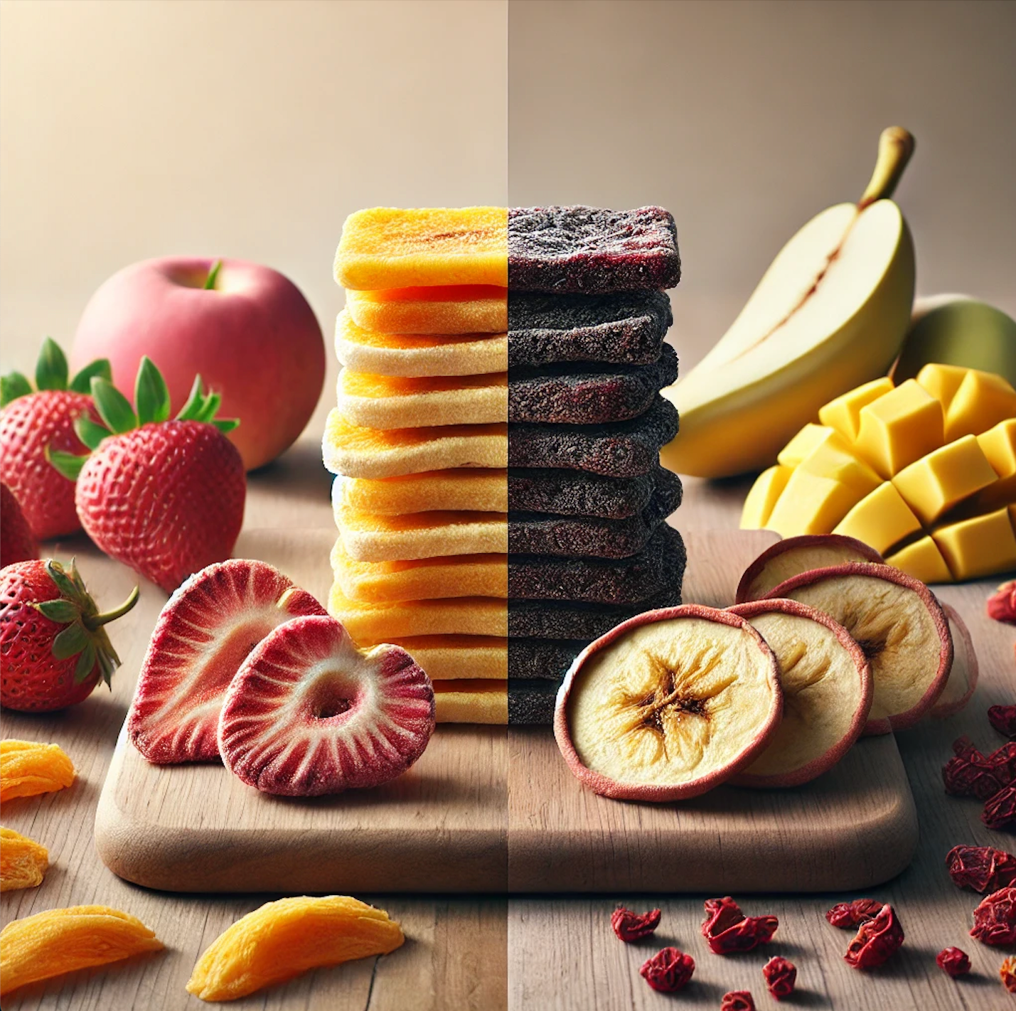 A stack of strawberries and apples next to a stack of bananas freeze drying vs dehydration