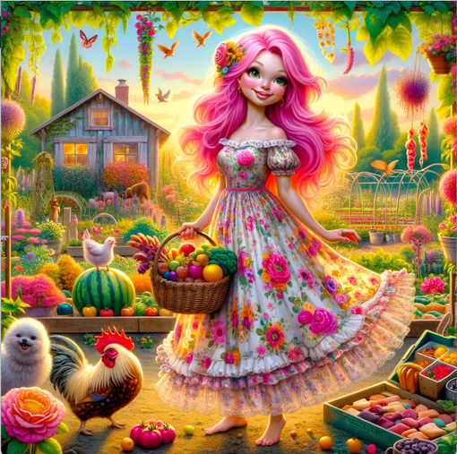 A painting of a girl with pink hair holding a basket of fruit