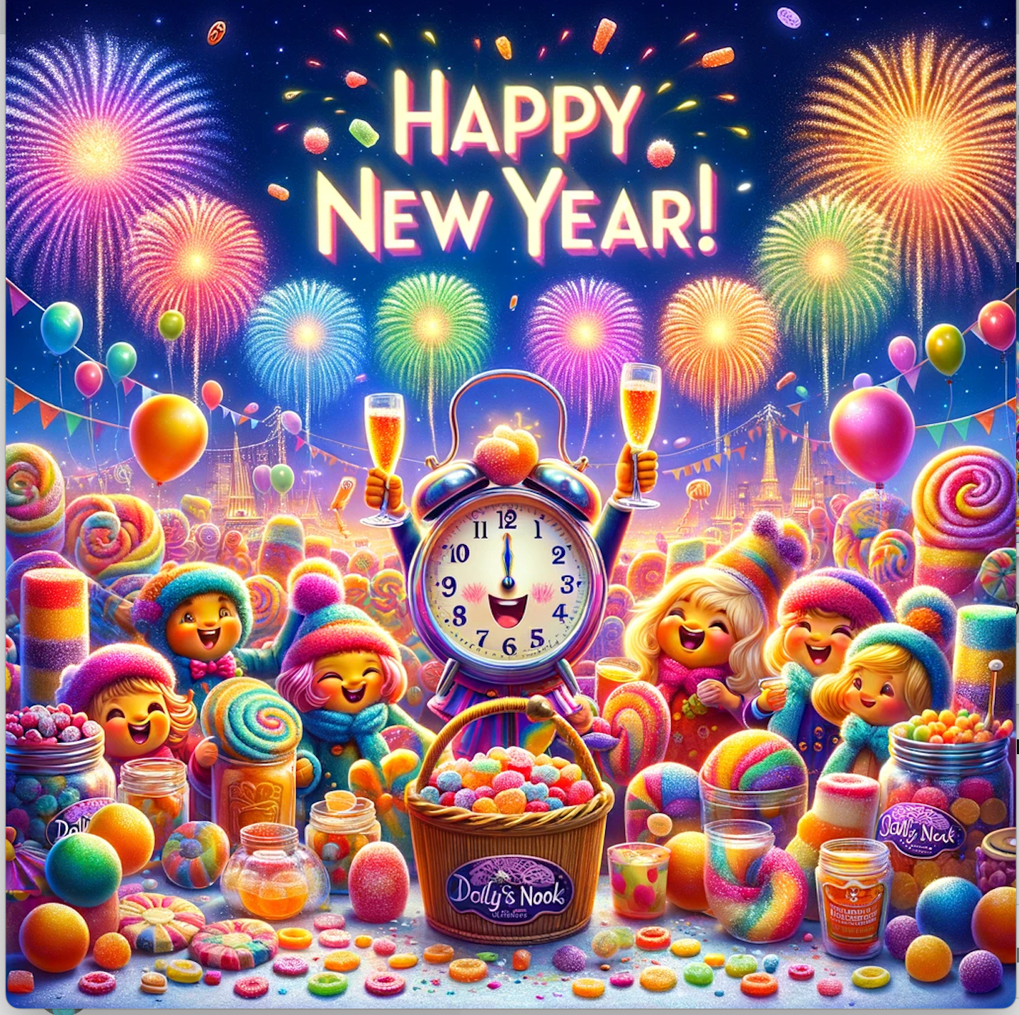 A happy new year greeting card with candy and fireworks