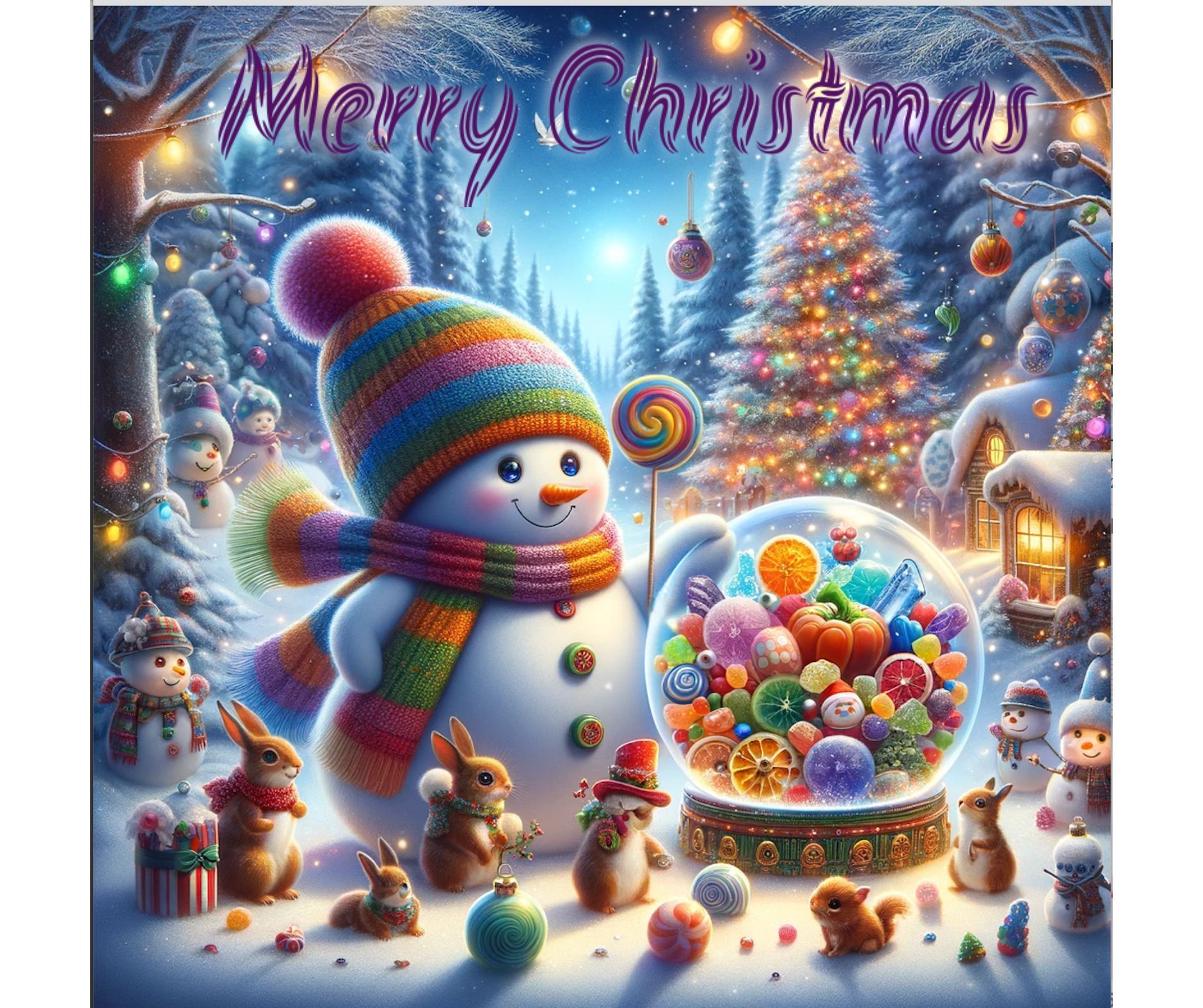 A snowman is standing next to a snow globe filled with candy.