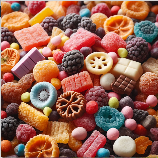 A pile of colorful candy including berries and chocolate