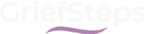 GriefSteps logo with light gray text and a purple curved line.