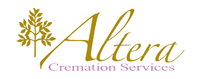 Logo for Altera Cremation Services: gold script text with leaf design.
