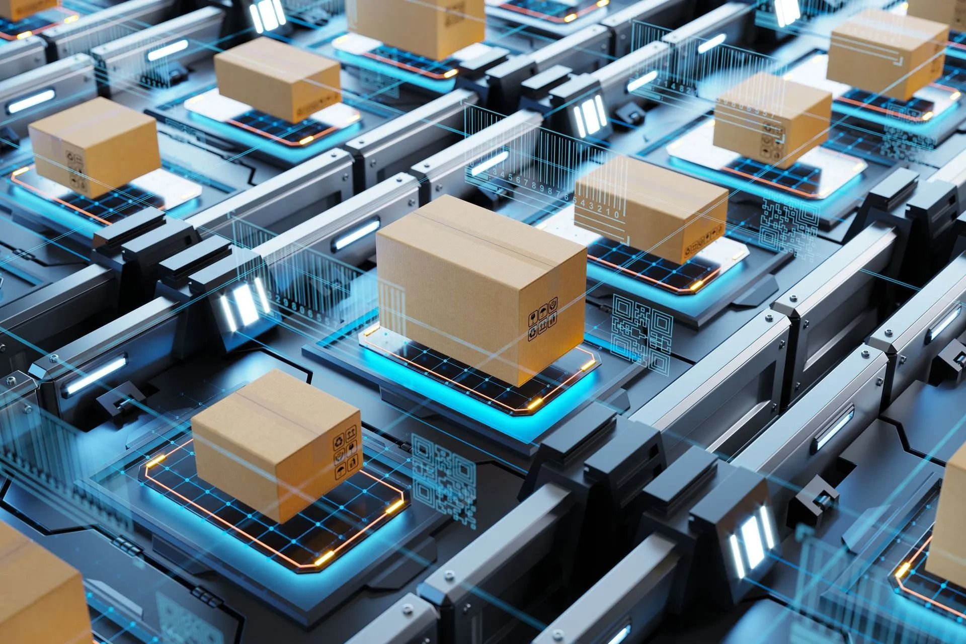 Cardboard boxes on glowing blue platforms, integrated within a complex network.