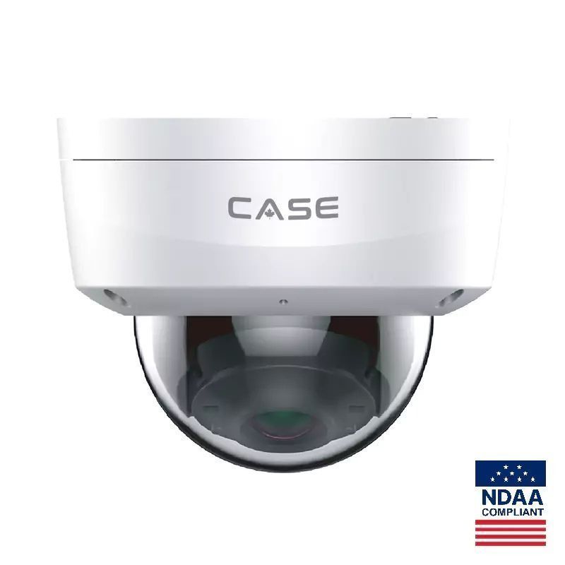 White CASE dome security camera with a transparent dome and NDAA compliant logo.