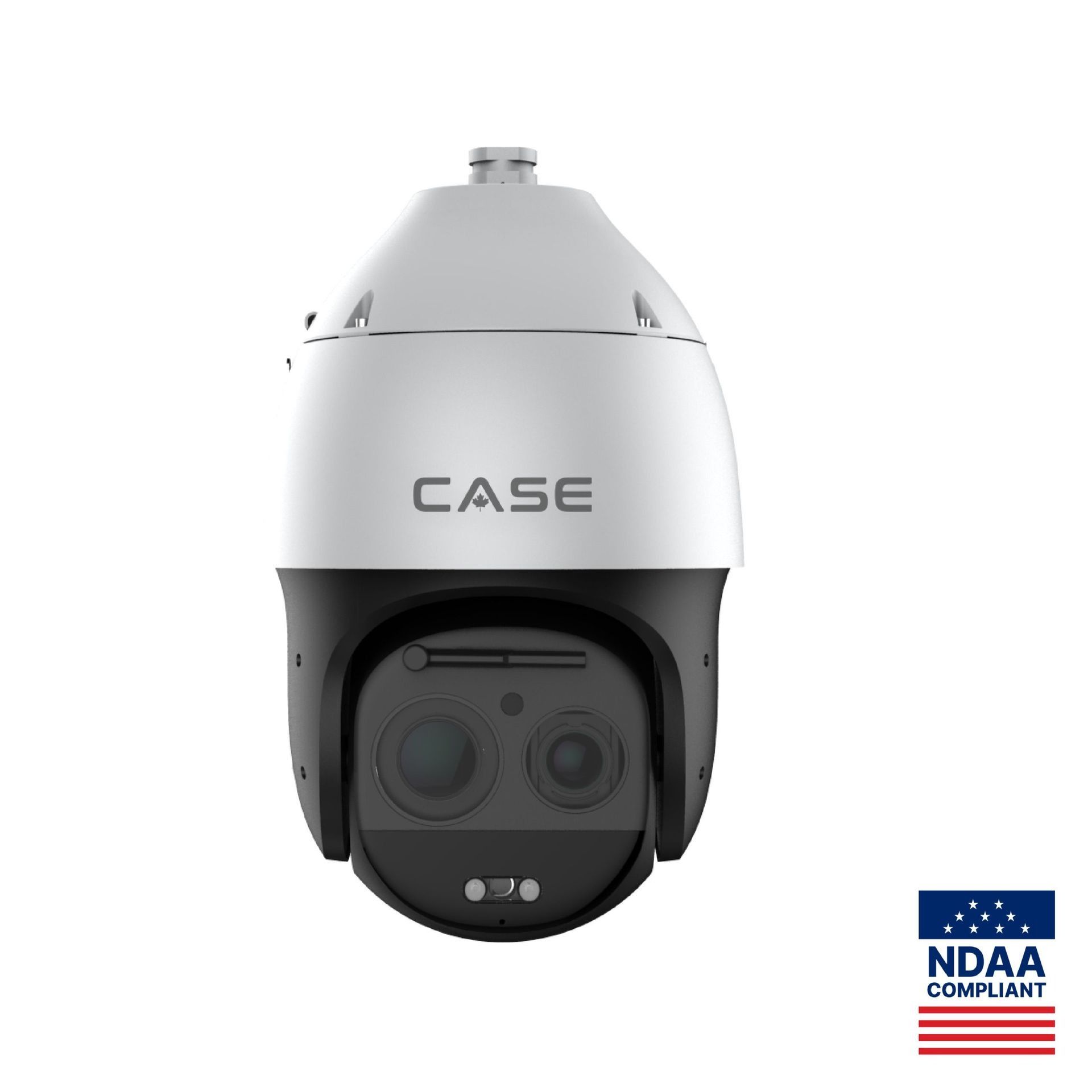 White security camera mounted on wall with patterned gray and white tiles.
