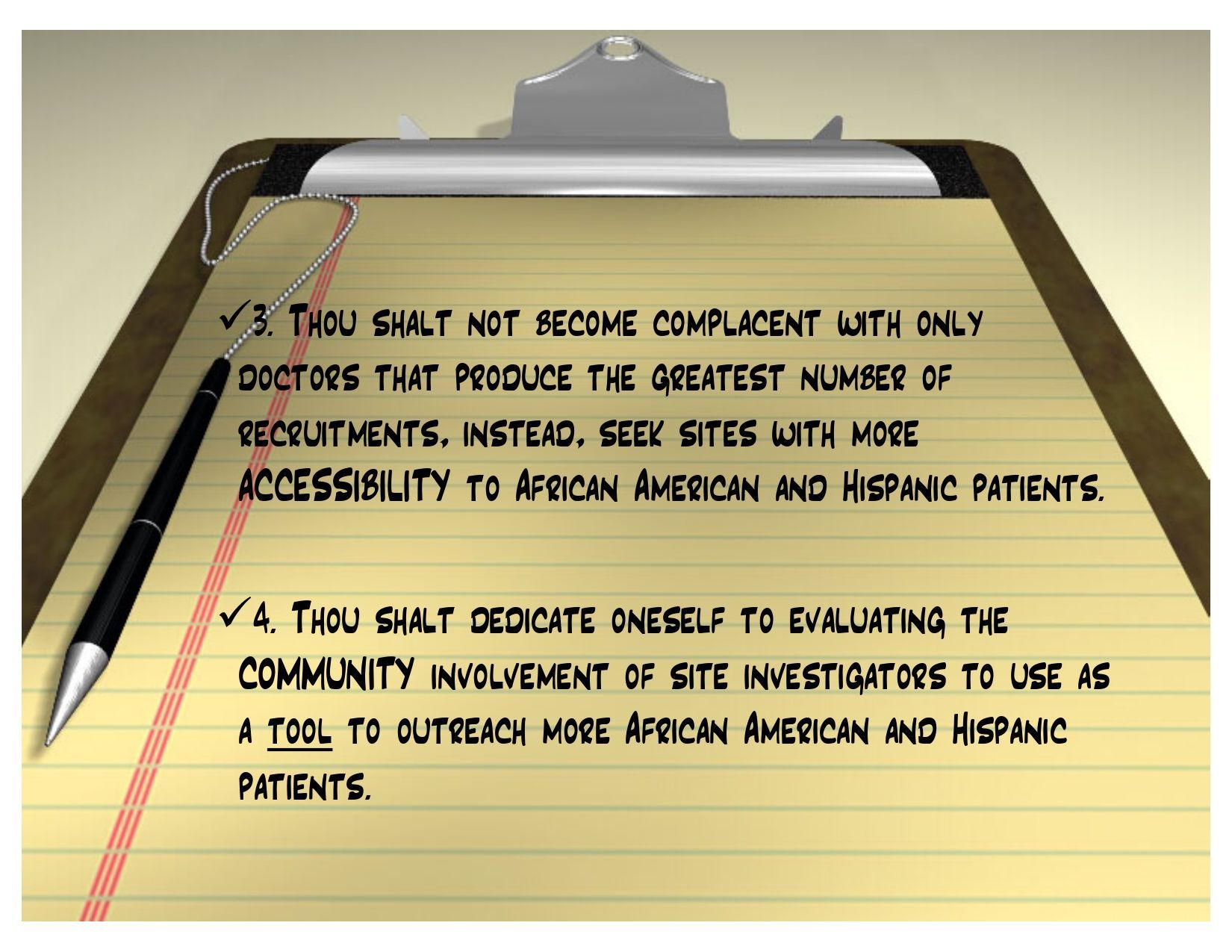 Clipboard with guidelines emphasizing patient outreach to African American and Hispanic communities.