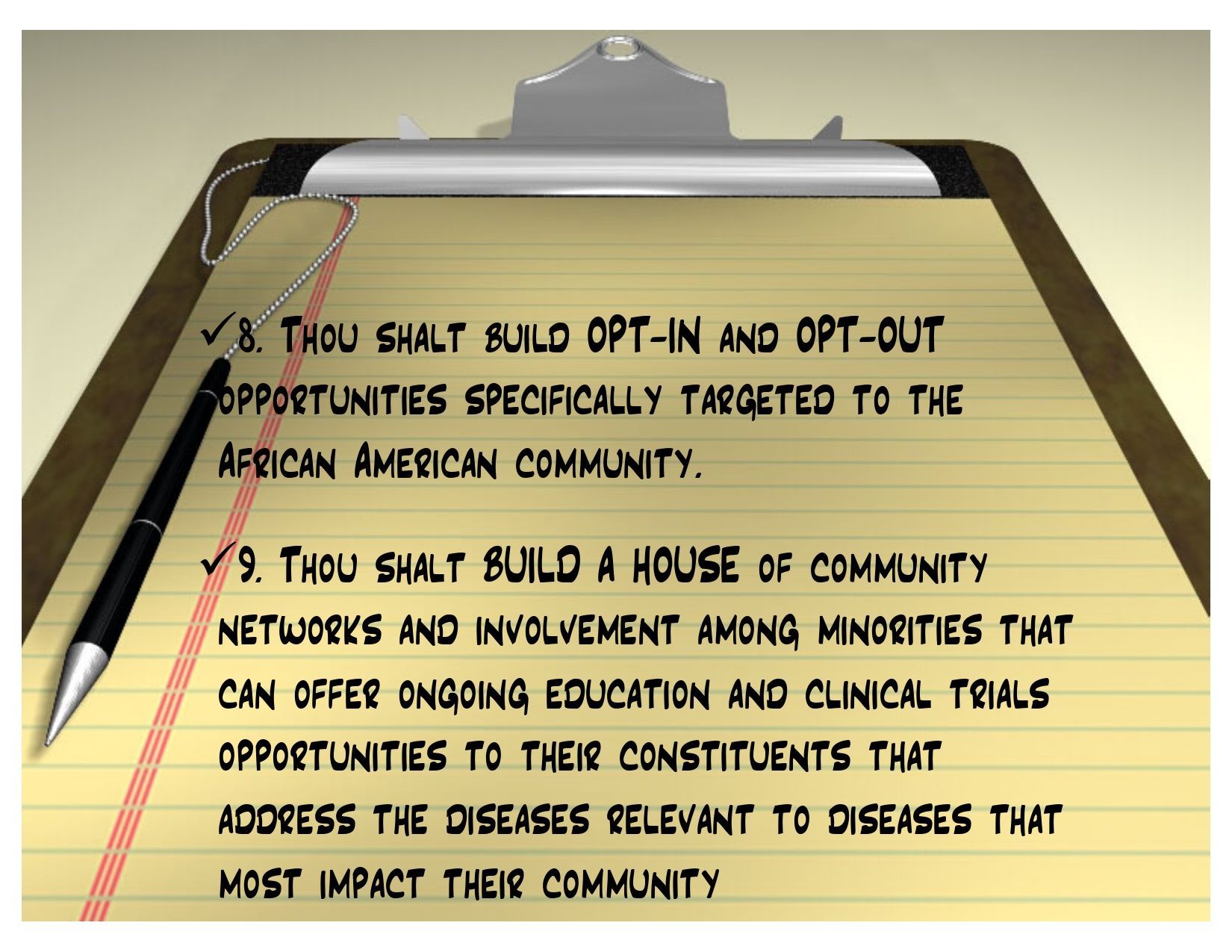 Clipboard with text about community health opportunities for African Americans.