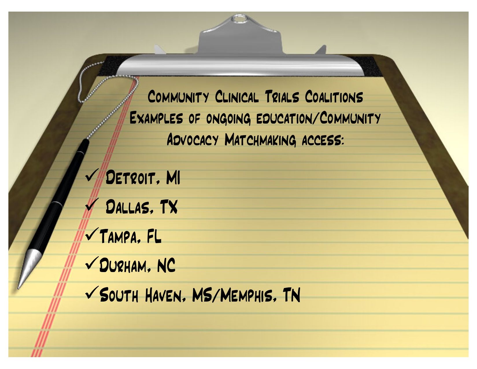 Clipboard with a list of cities involved in community clinical trials