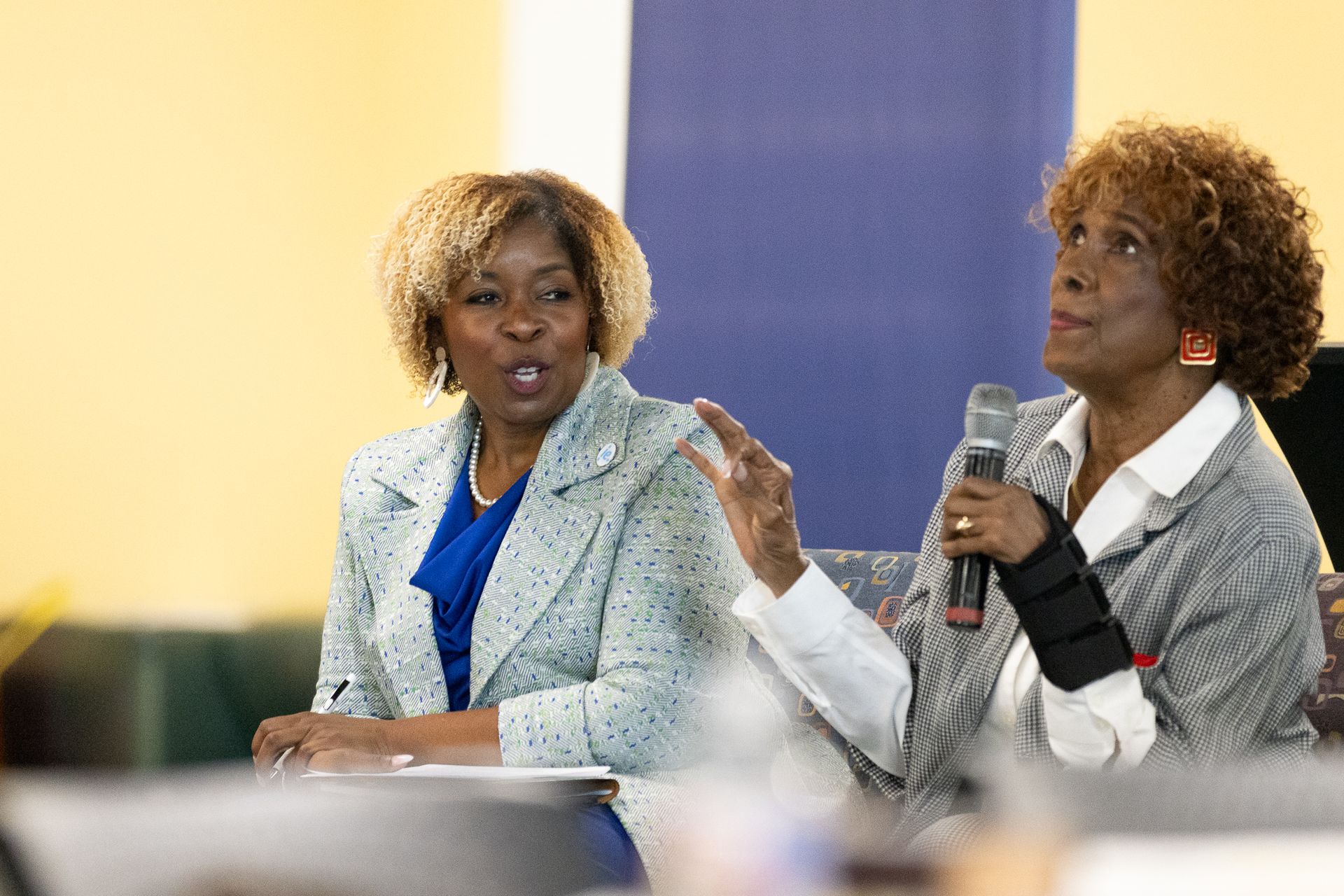 Two women speaking, one holding a microphone. They sit at a table in a yellow room with a blue banner.