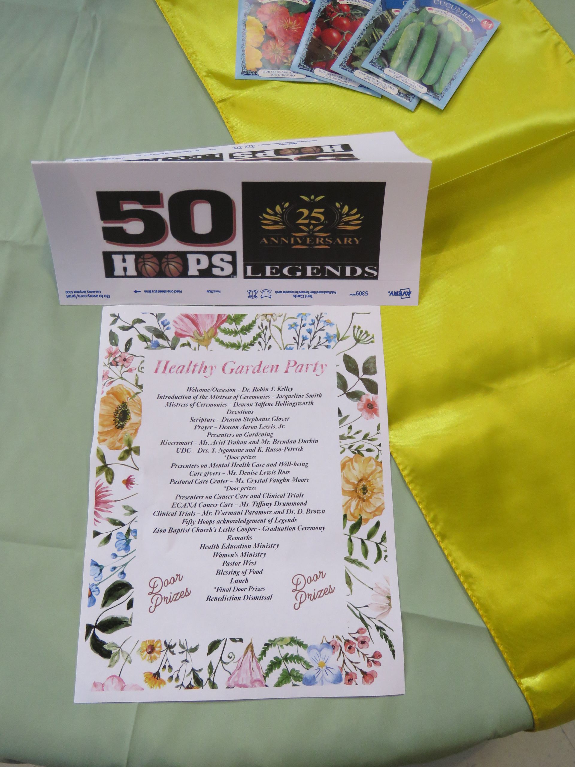 Healthy Garden Party display with seed packets, a sign, and a box.
