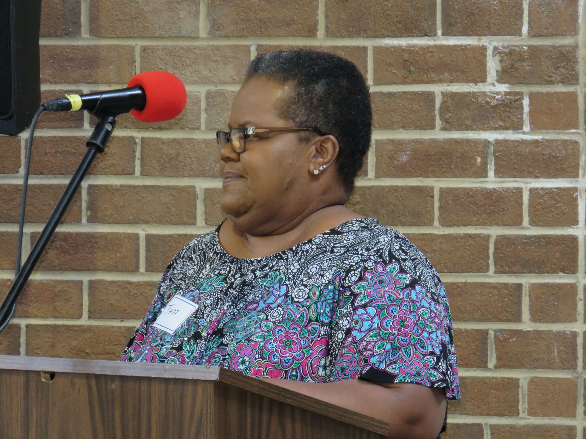 Woman speaking at a podium in front of a brick wall, microphone present.