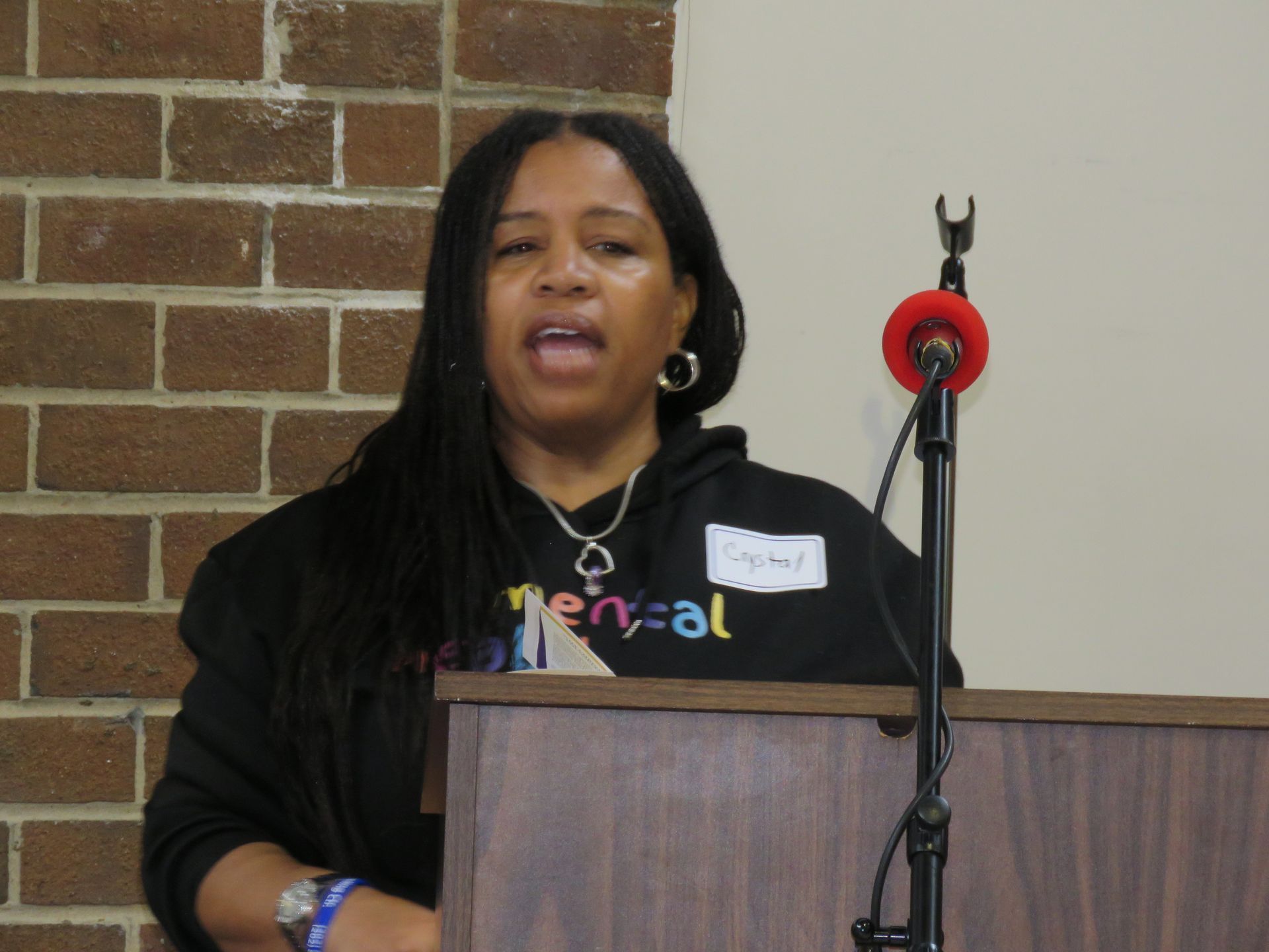 Woman speaking at a podium, wearing a black sweatshirt. A microphone stands nearby. Brick wall in the background.