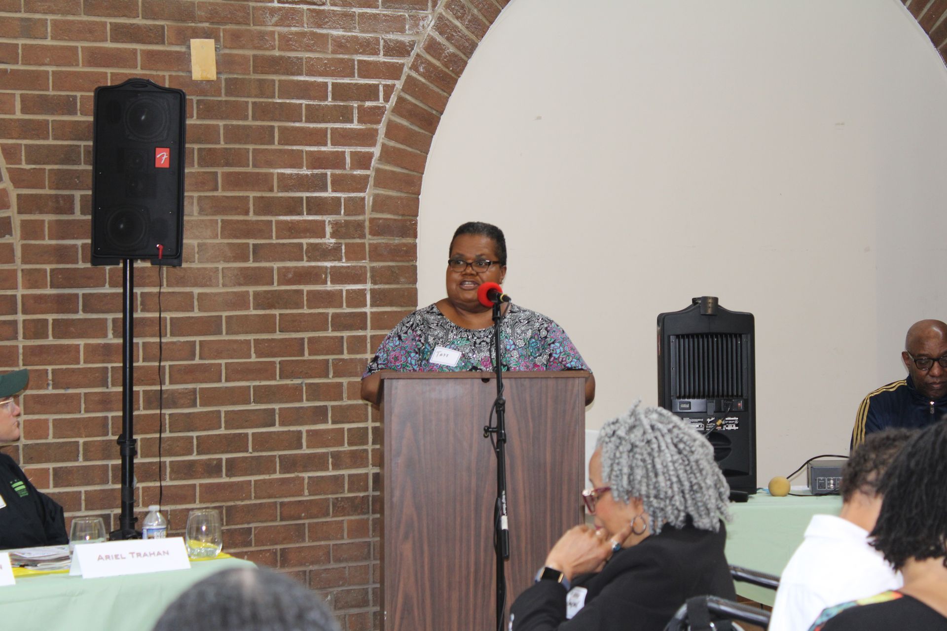 Woman speaking at a podium with microphone. Brick wall background, audience seated at tables.