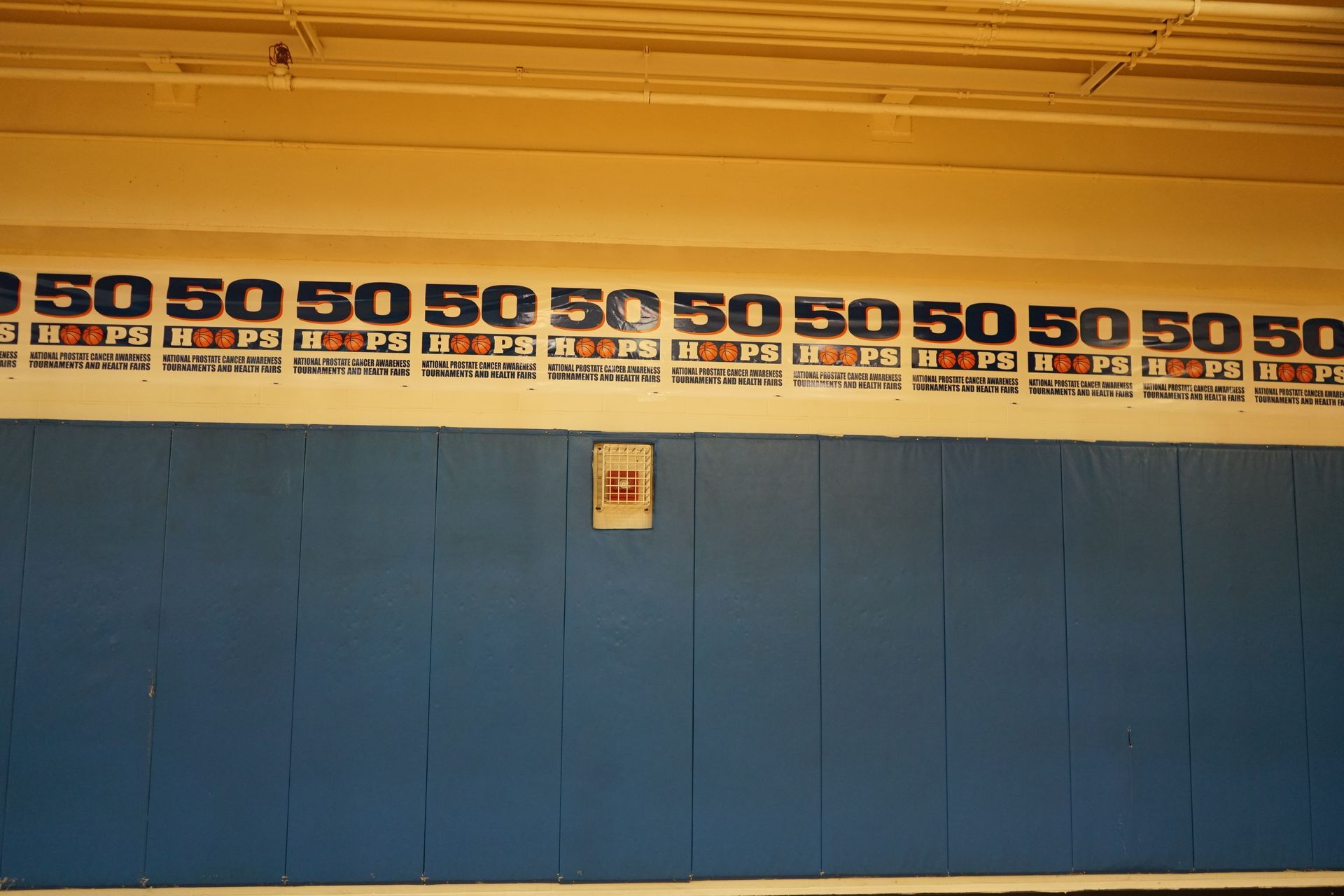 Blue and yellow wall with repeating 