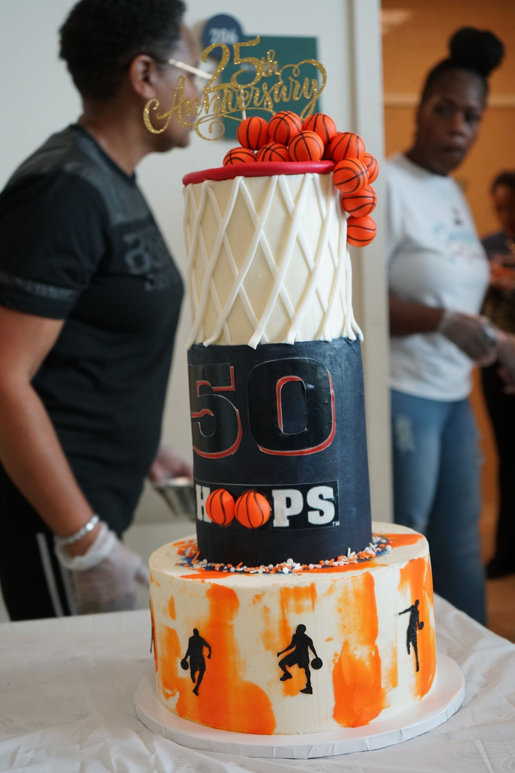 Three-tiered basketball-themed cake with 