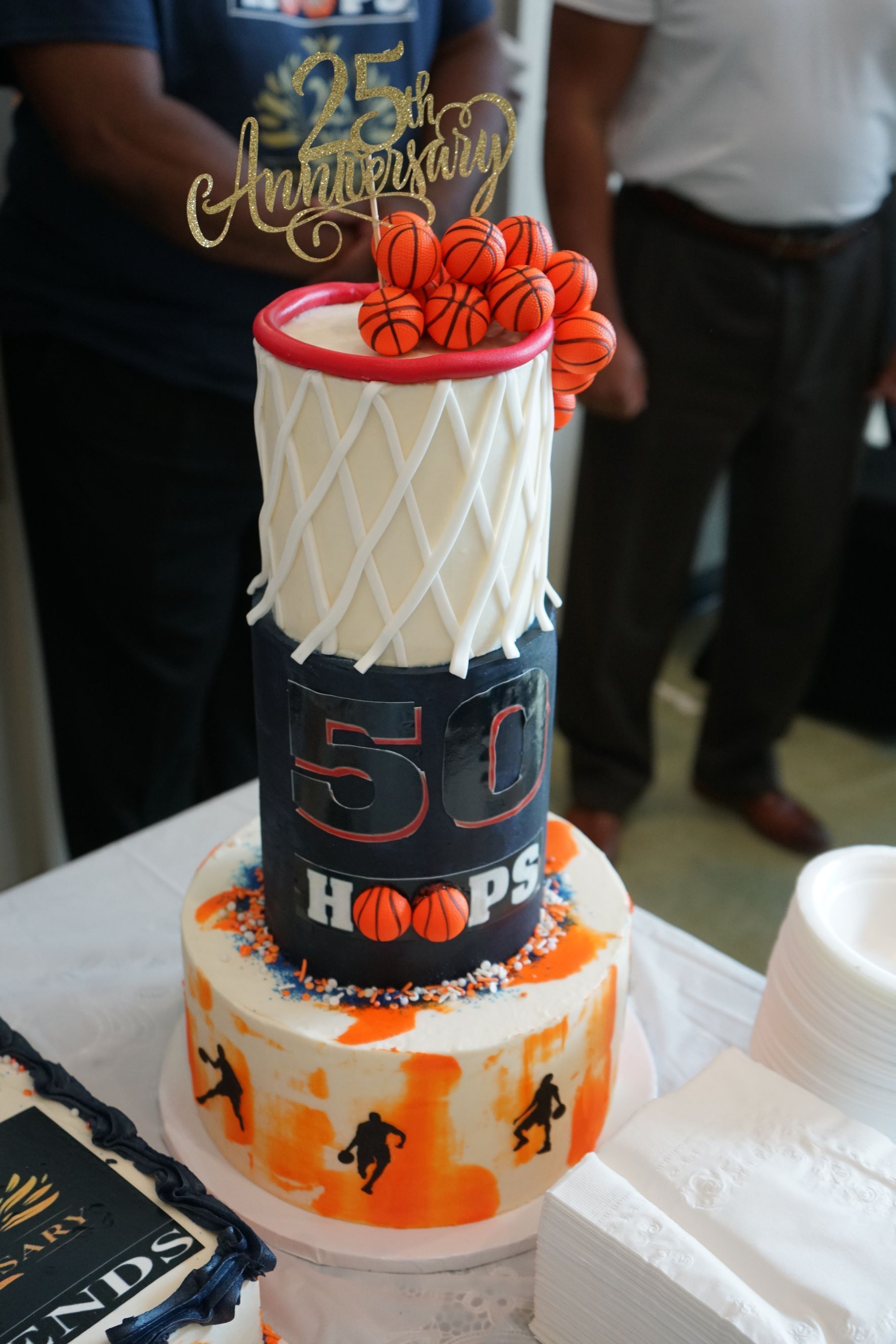 Three-tiered basketball-themed cake with 