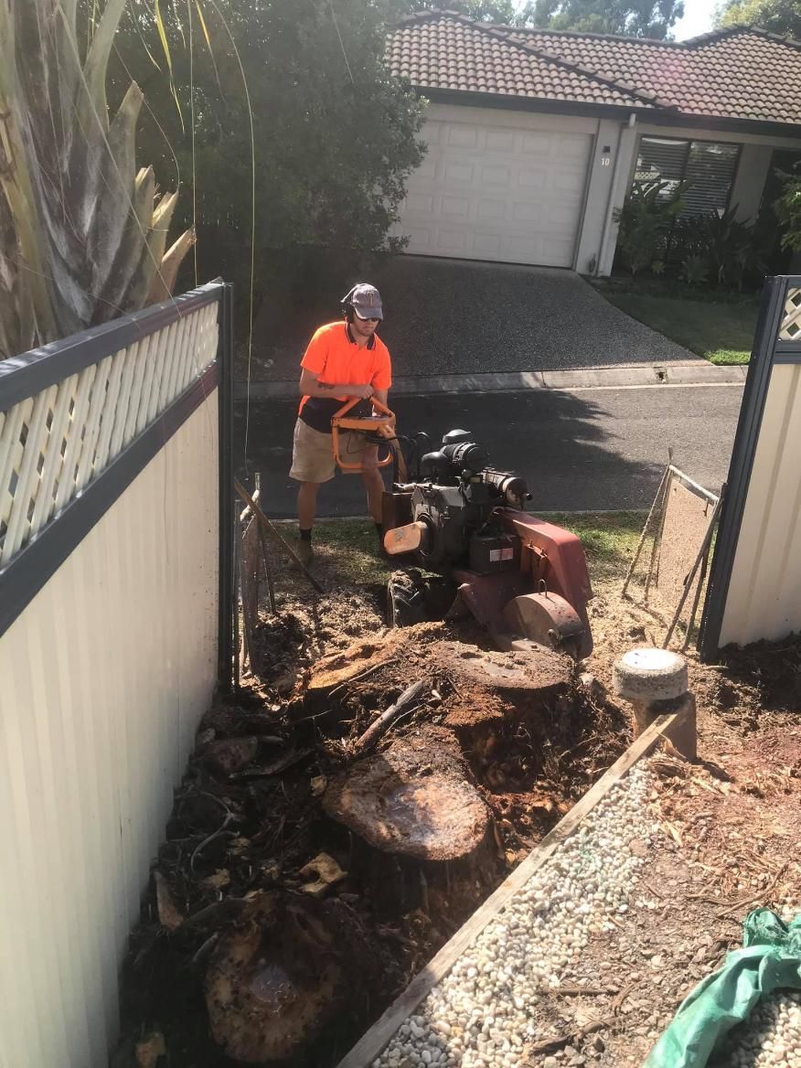 A Man Is Cutting A Tree Stump With A Chainsaw In Front Of A House — Noosa Tree Stump Removal In Sunrise Beach, QLD