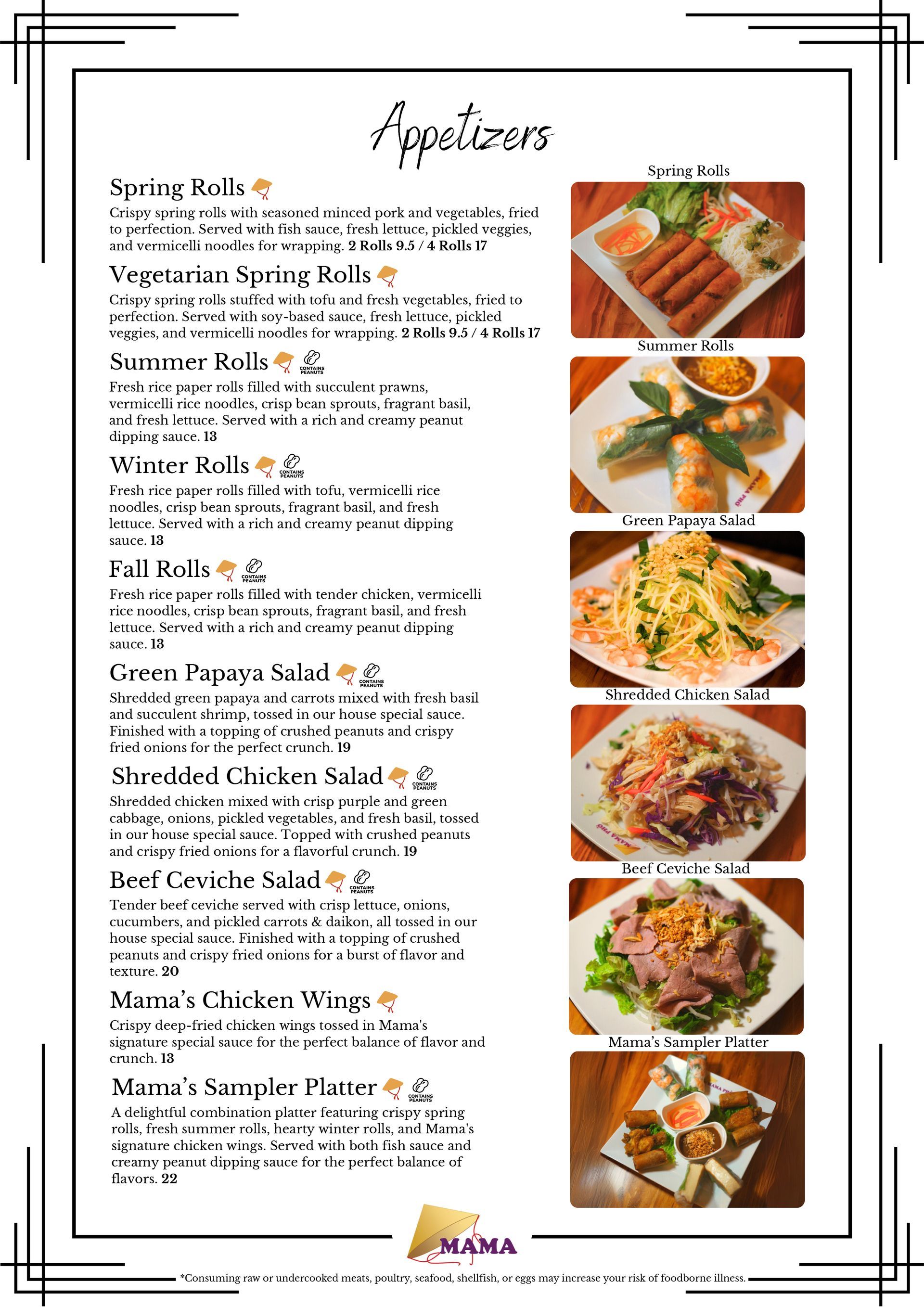 A menu for a restaurant with plates of food on it.