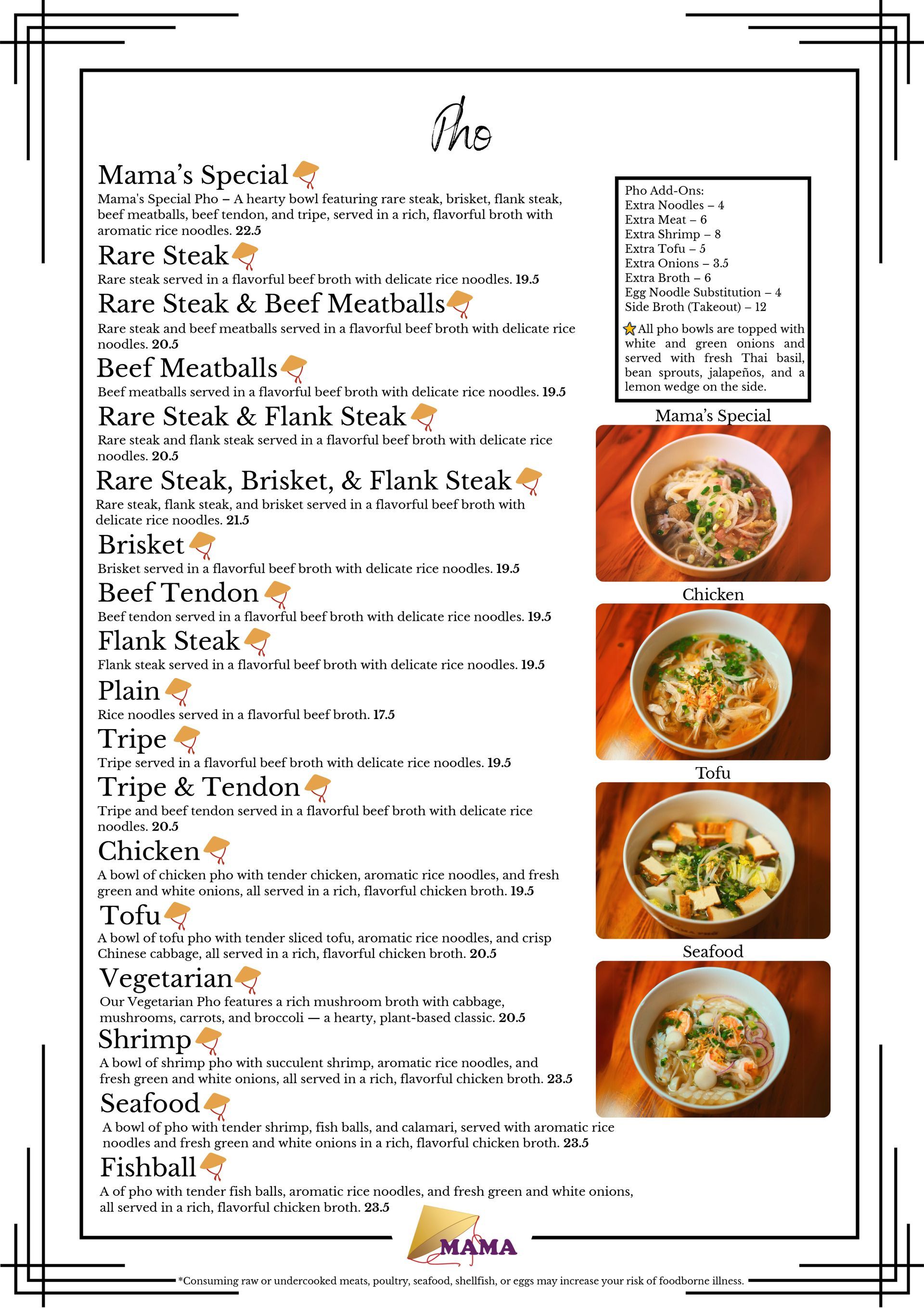A menu for a restaurant with bowls of soup on a wooden table.