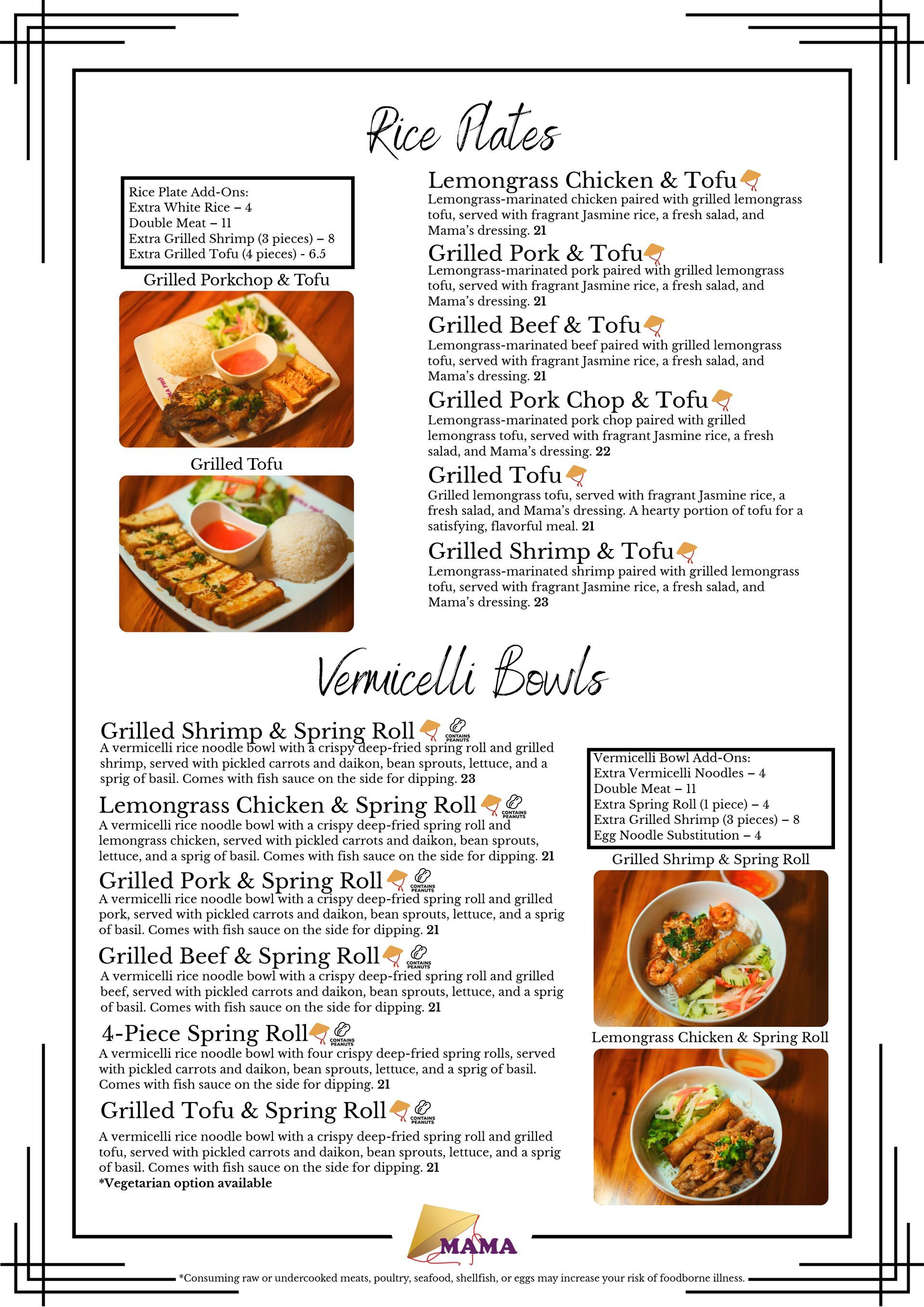 A menu for a restaurant with pictures of food on it.