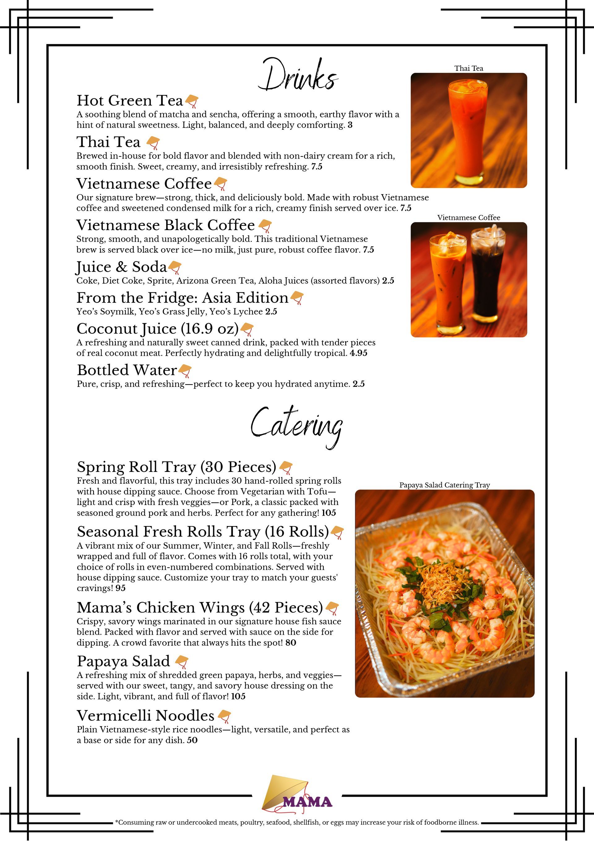 A menu for a restaurant with a picture of a plate of shrimp and drinks.
