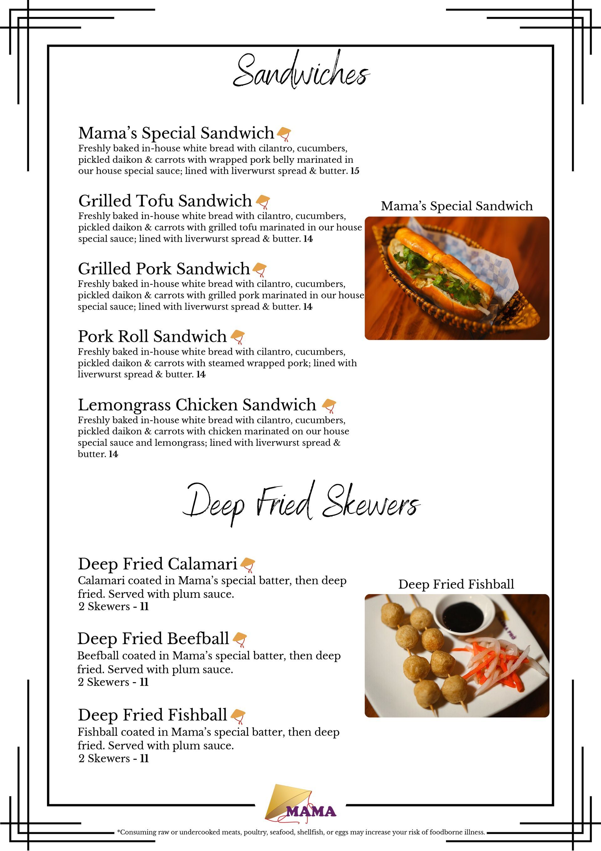A menu for a restaurant shows a variety of sandwiches and deep fried shrimp.
