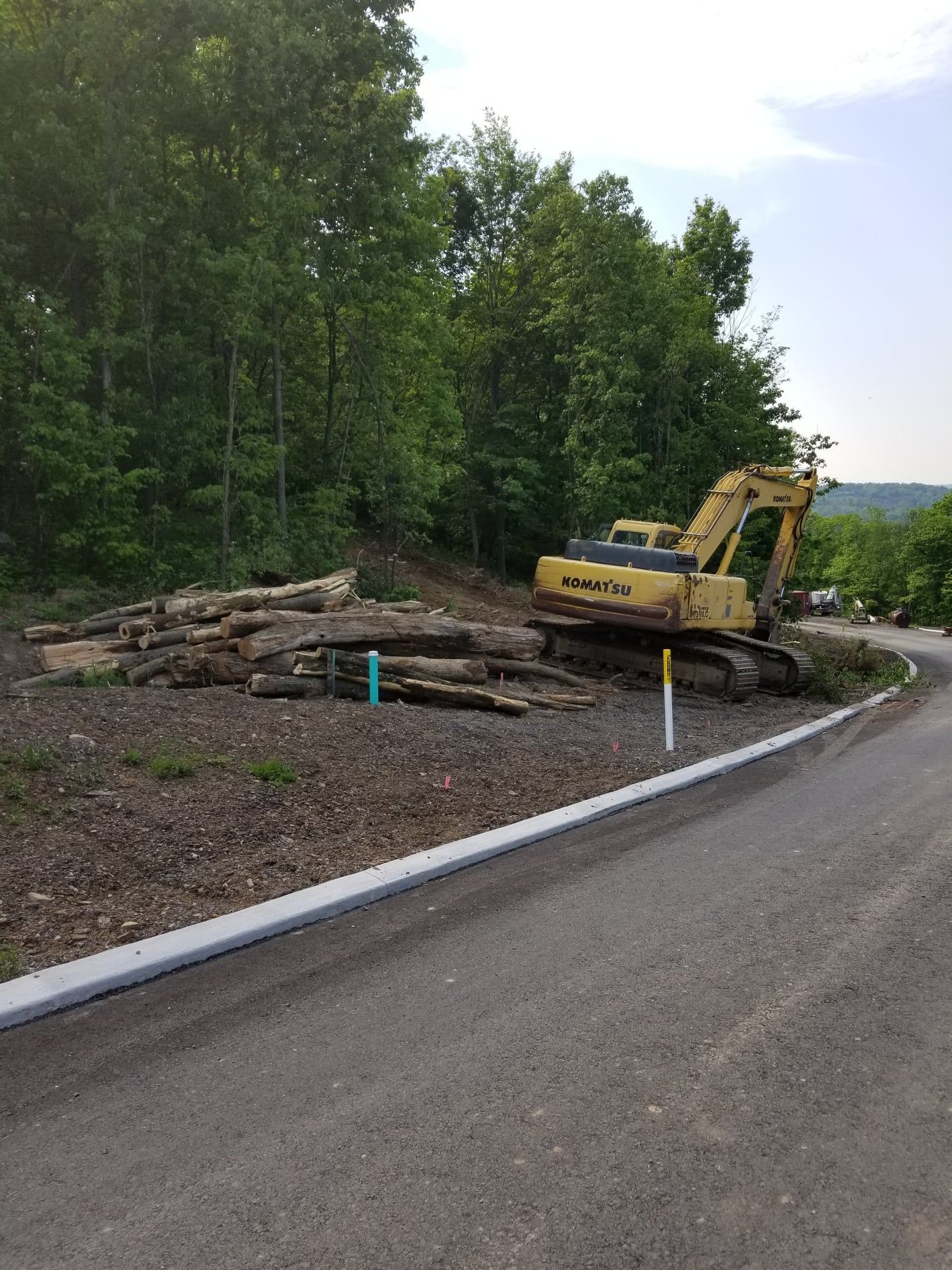 A yellow excavator is sitting on the side of a road next to a pile of logs.