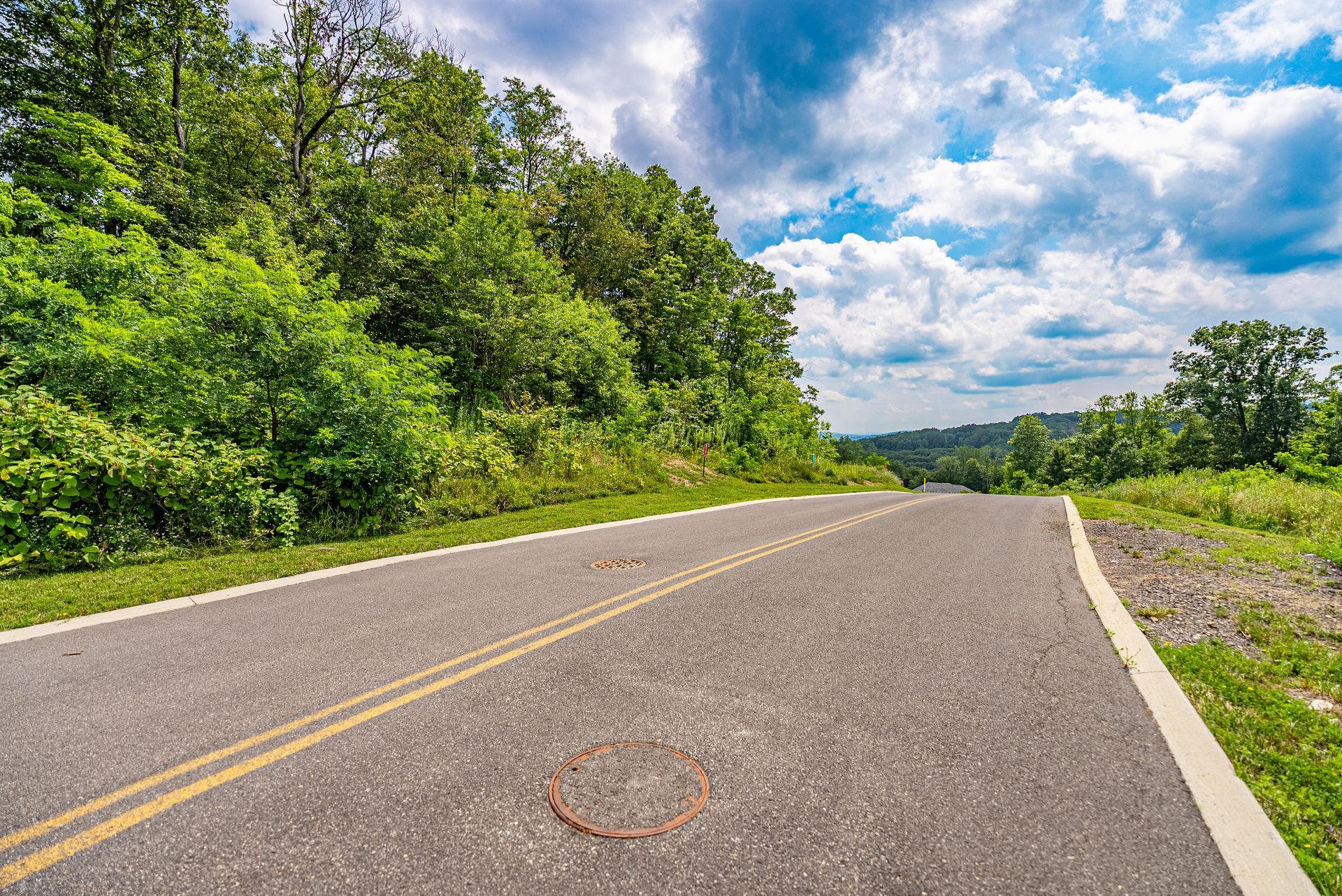 Asphalt road curving toward a distant treeline, bordered by grass and lush green trees under a partly cloudy sky.