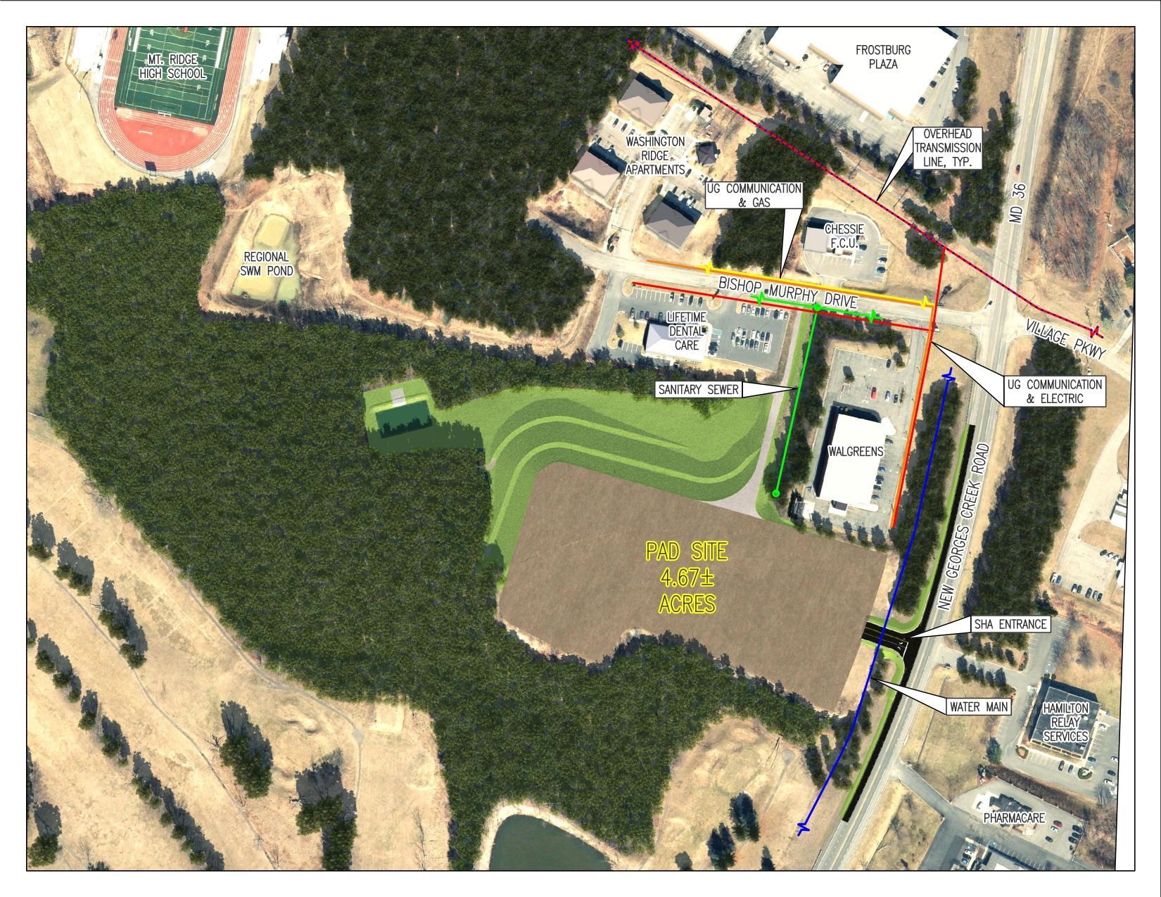 Aerial view of a proposed development site with a brown “NO BET ZONE” area and surrounding infrastructure.