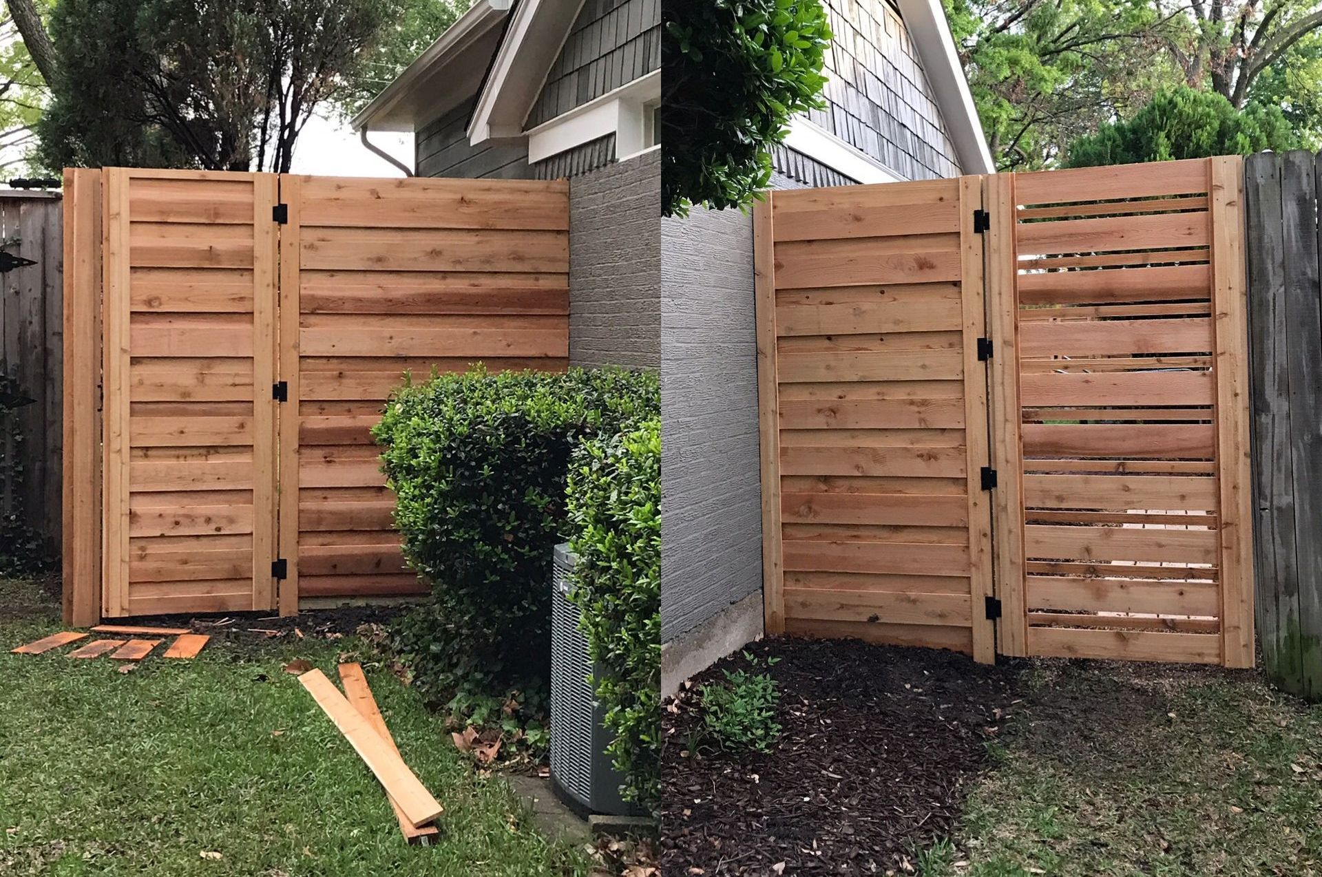 A wooden fence is being built in the backyard of a house.